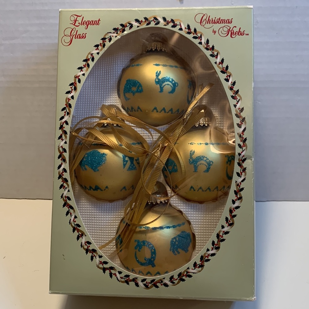 Christmas by Krebs vintage glass blue and gold ornaments with crown pattern
